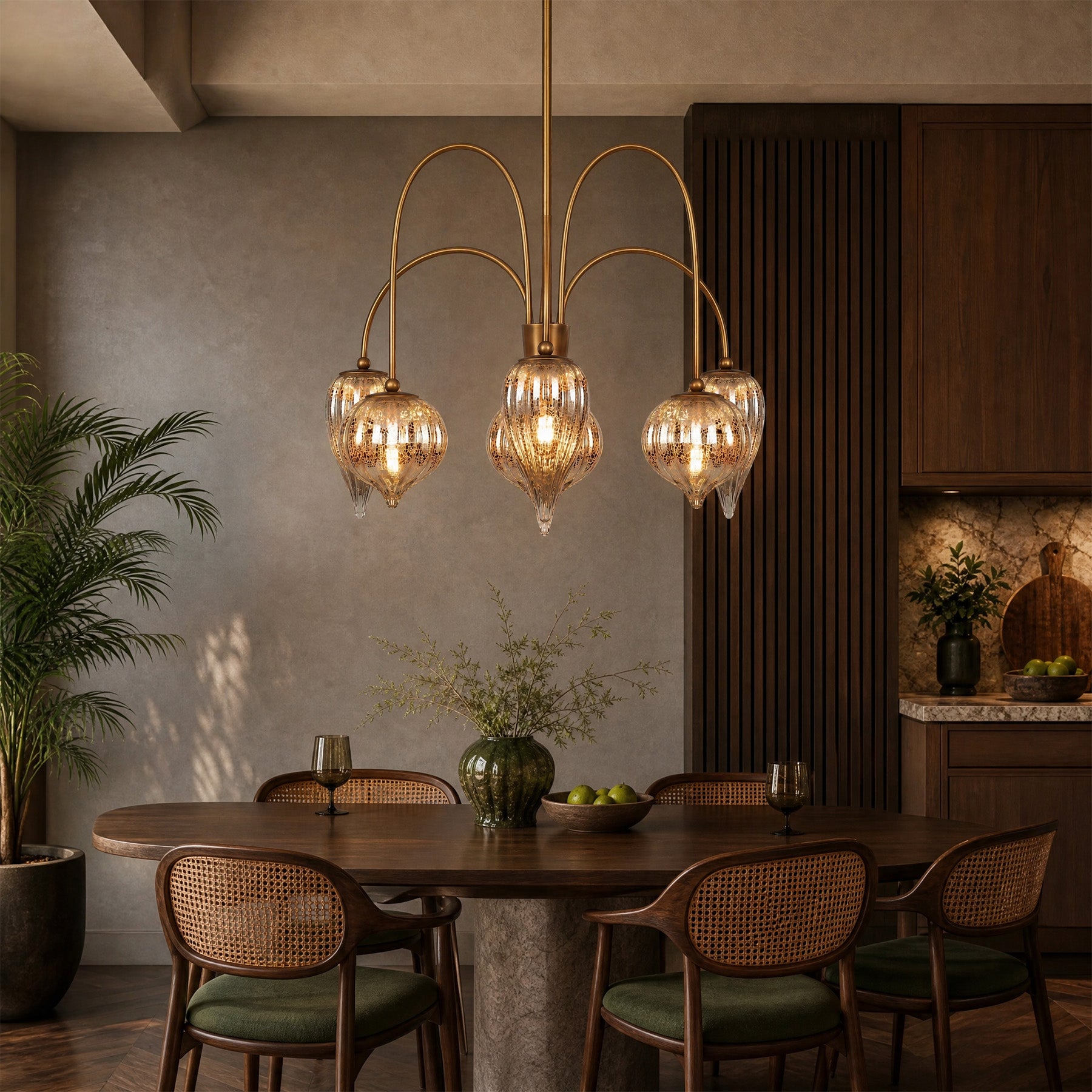 6-Light Brass Chandelier, Modern Pendant Lighting with Mixed Round & Teardrop Mercury Glass
