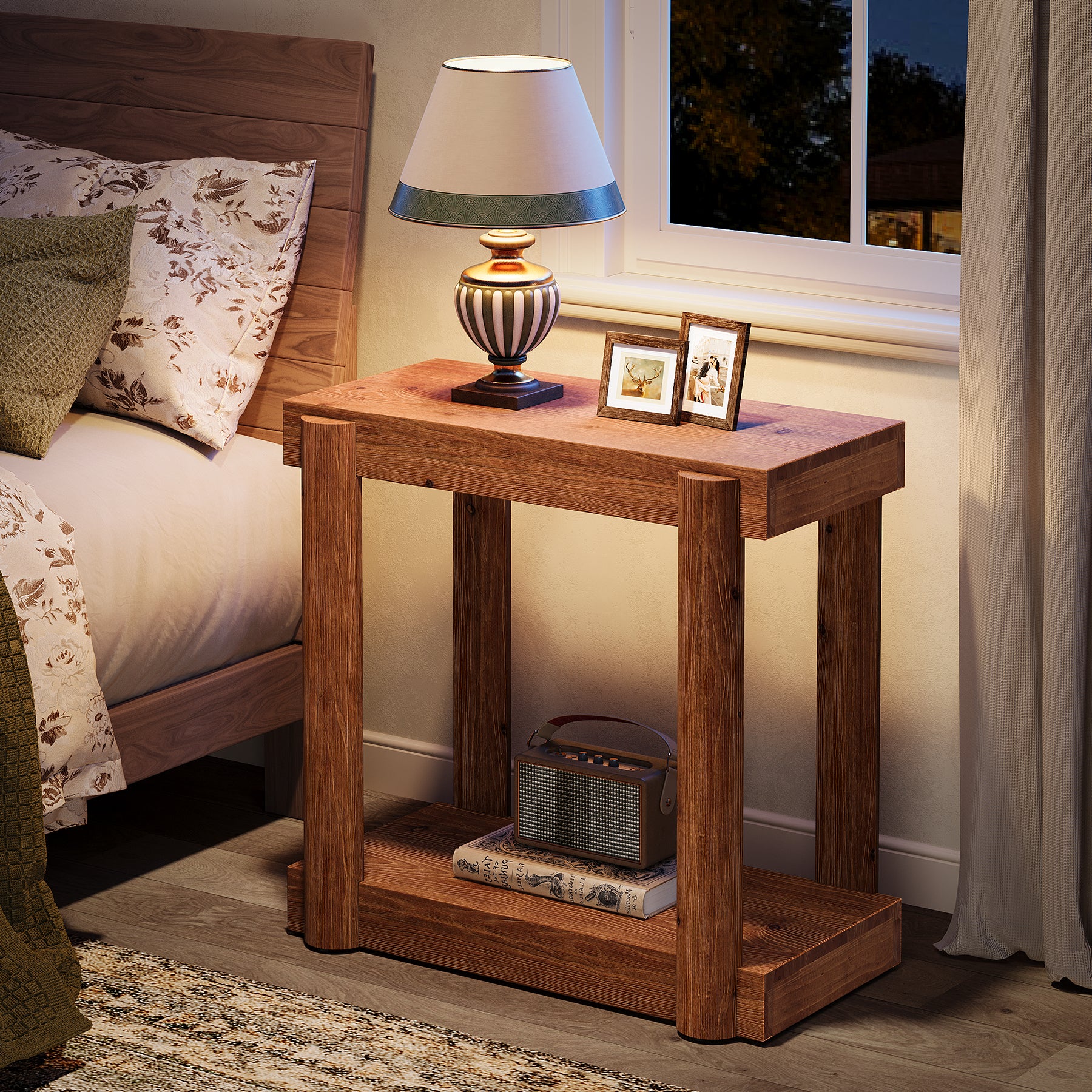 Solid Wood Modern Farmhouse End Table, 2-Tier Storage Shelf Side Table for Small Spaces