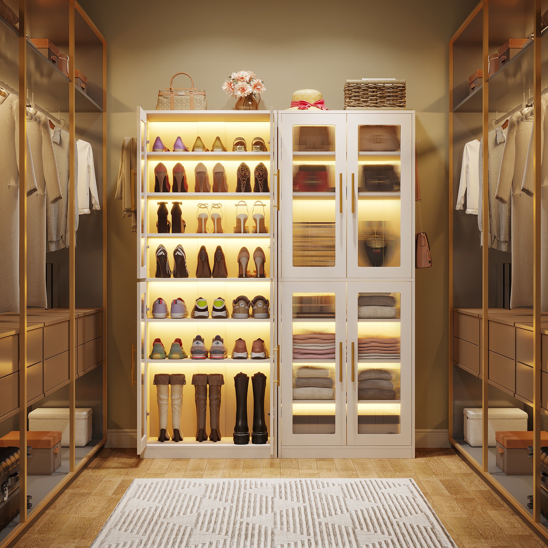 66.9" Tall Shoe Storage Cabinet, 8-Tier Entryway Shoe Organizer Rack with Acrylic Doors and LED Lights