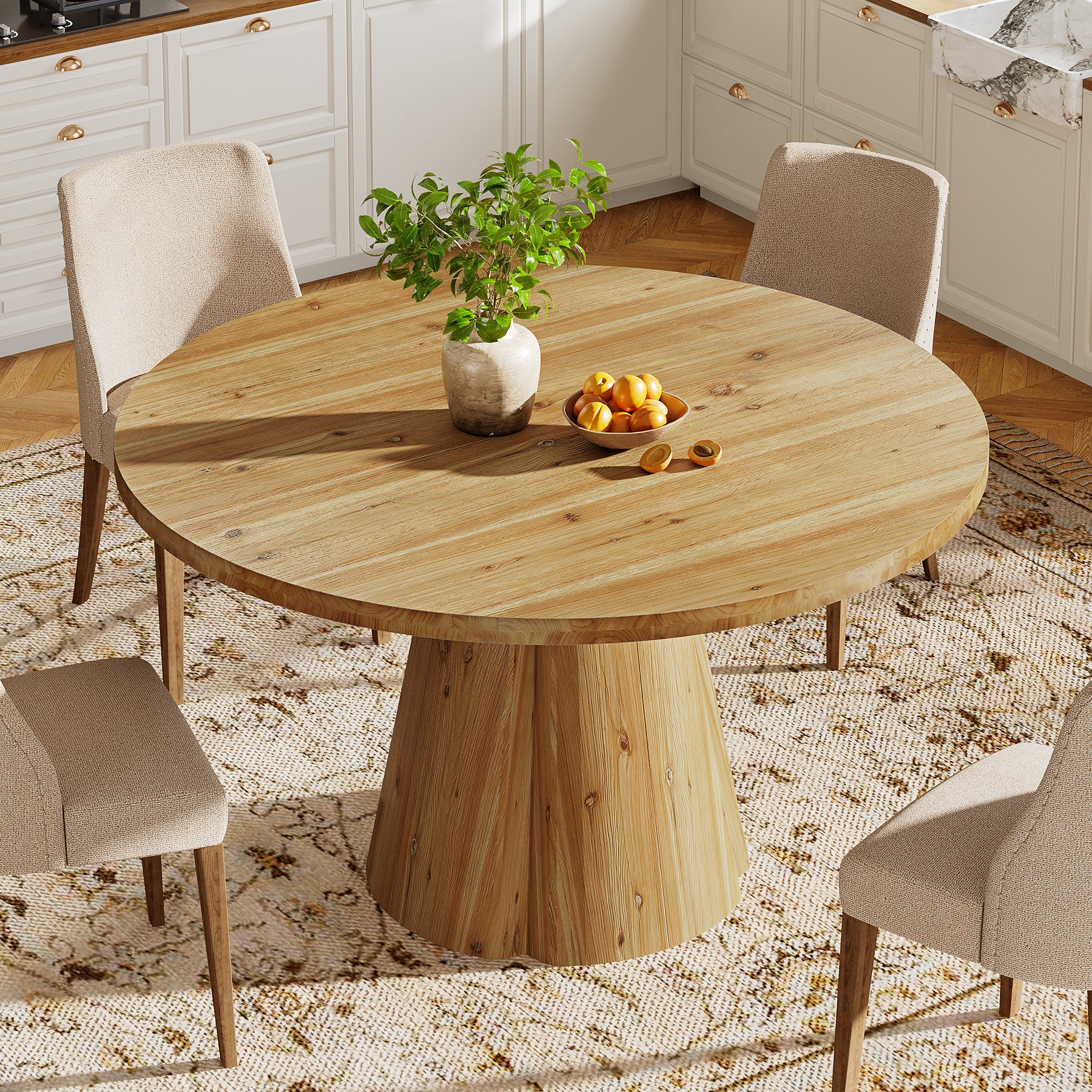 47.24" Solid Wood Dining Table, Round Kitchen Table with Pedestal Base for 4-6