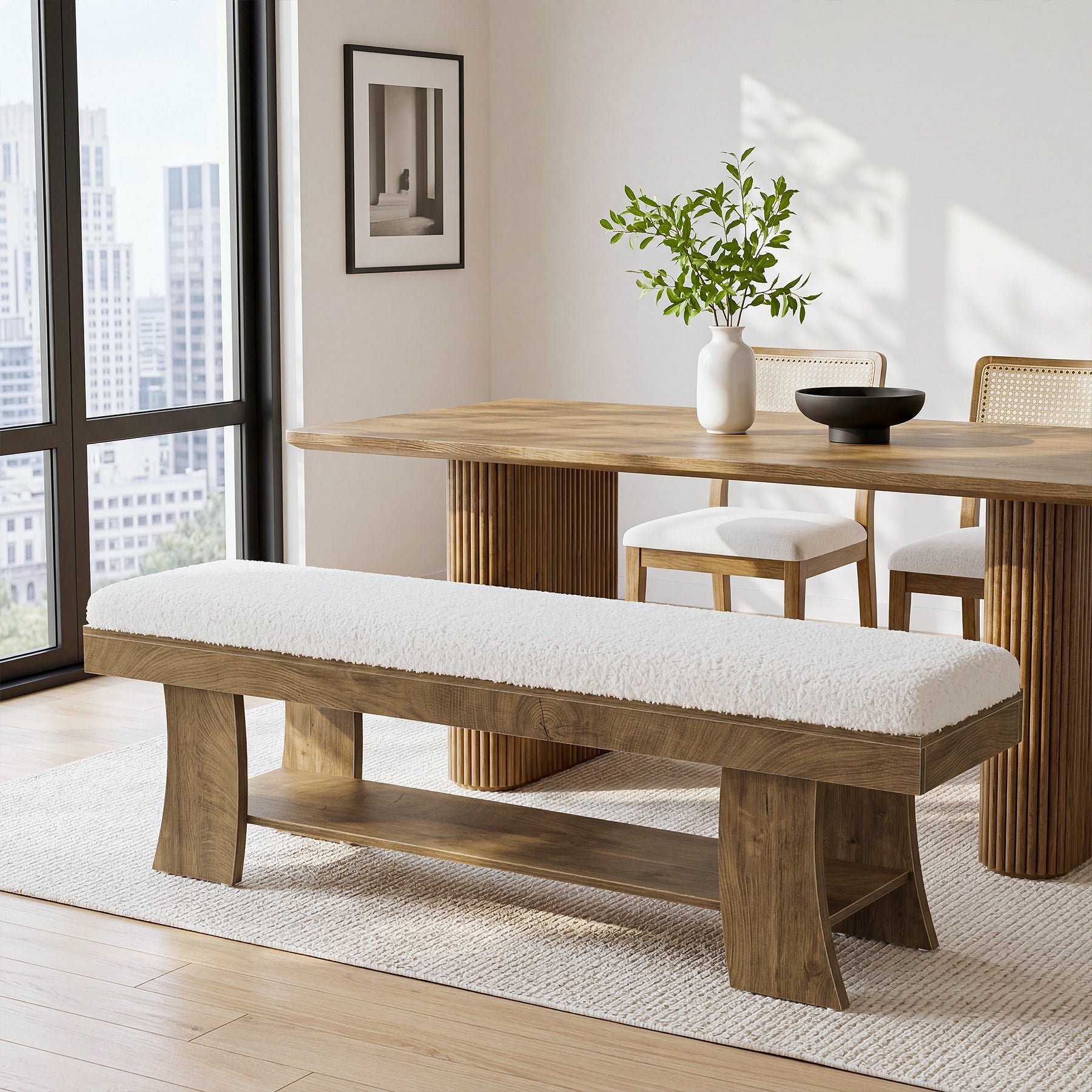 59" Upholstered Entryway Bench, Cushioned Shoe Bench Seat with Storage Shelf