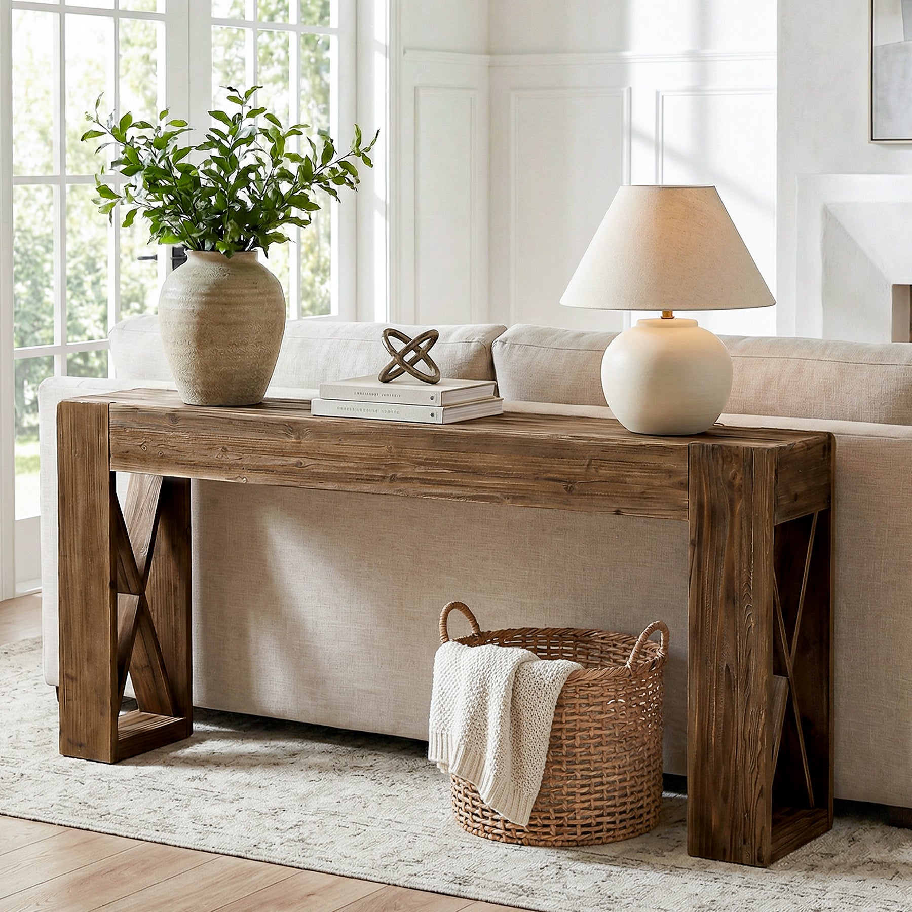63" Solid Wood Farmhouse Console Table, Narrow Sofa Table with X-Frame Base