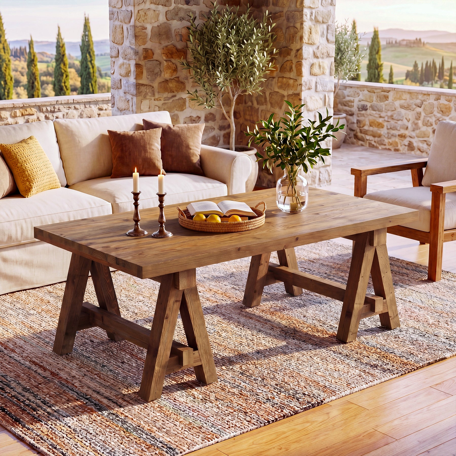 Solid Wood Coffee Table, 47" Farmhouse Center Table with Trestle Base for Living Room