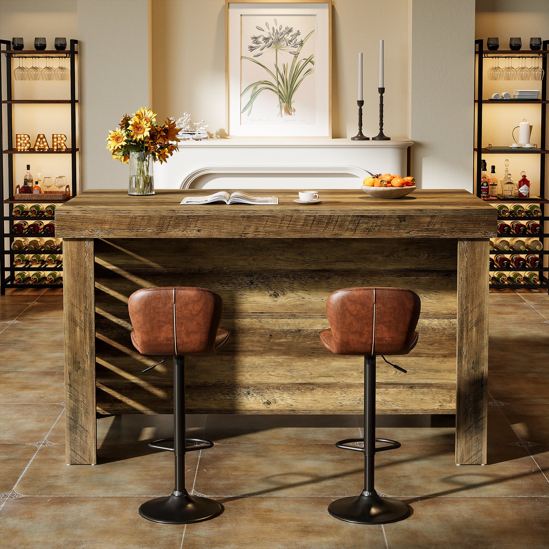 55" Kitchen Island, 3-Tier Farmhouse Coffee Bar Table with Storage Shelves
