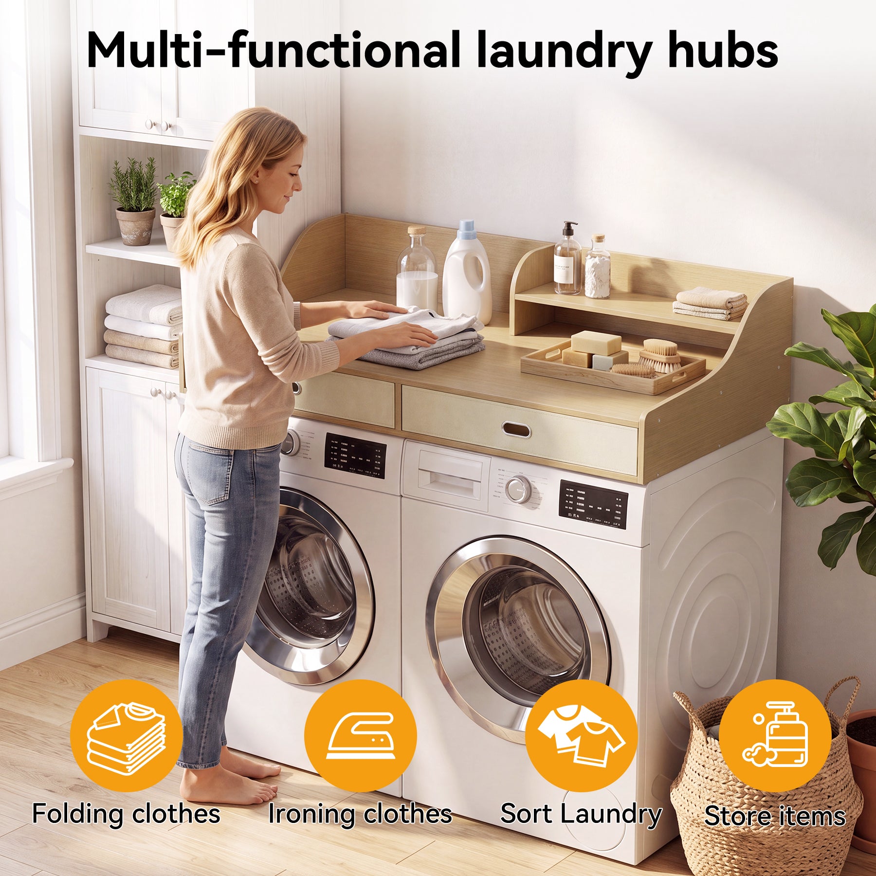 54" Washer Dryer Countertop with Drawers, 3-Tier Laundry Room Organizer, Waterproof Wood Topper