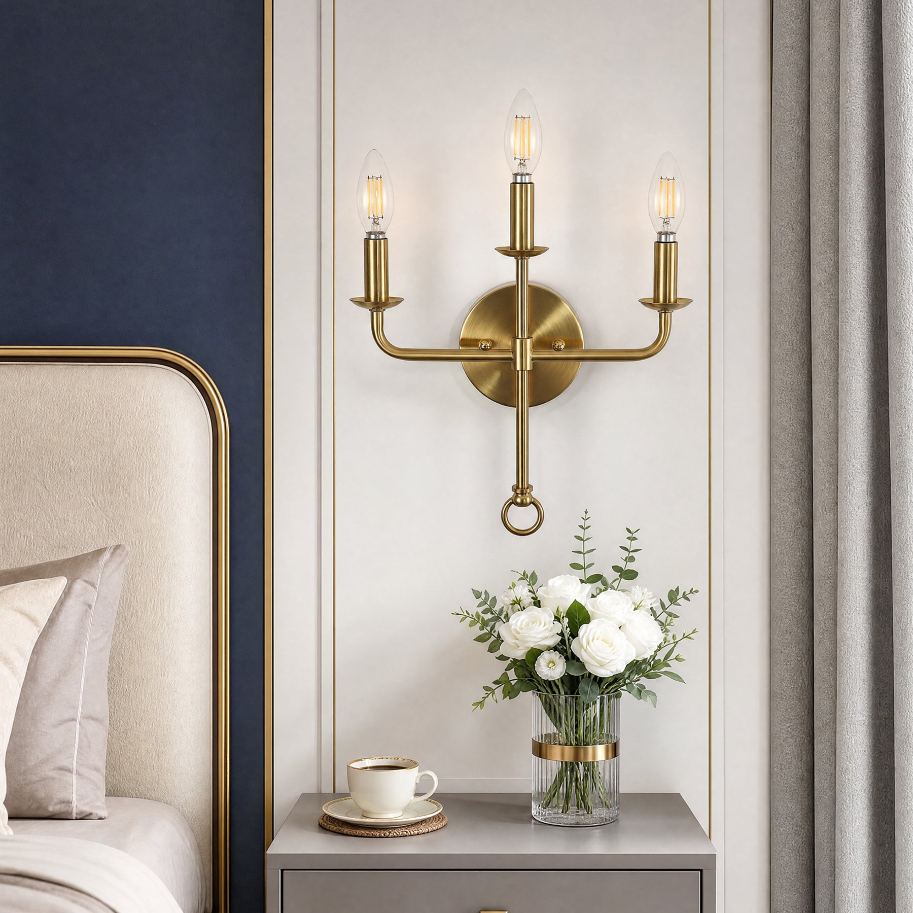 3-Light Gold Wall Sconce, Elegant Brass Candle Wall Light for Bedroom