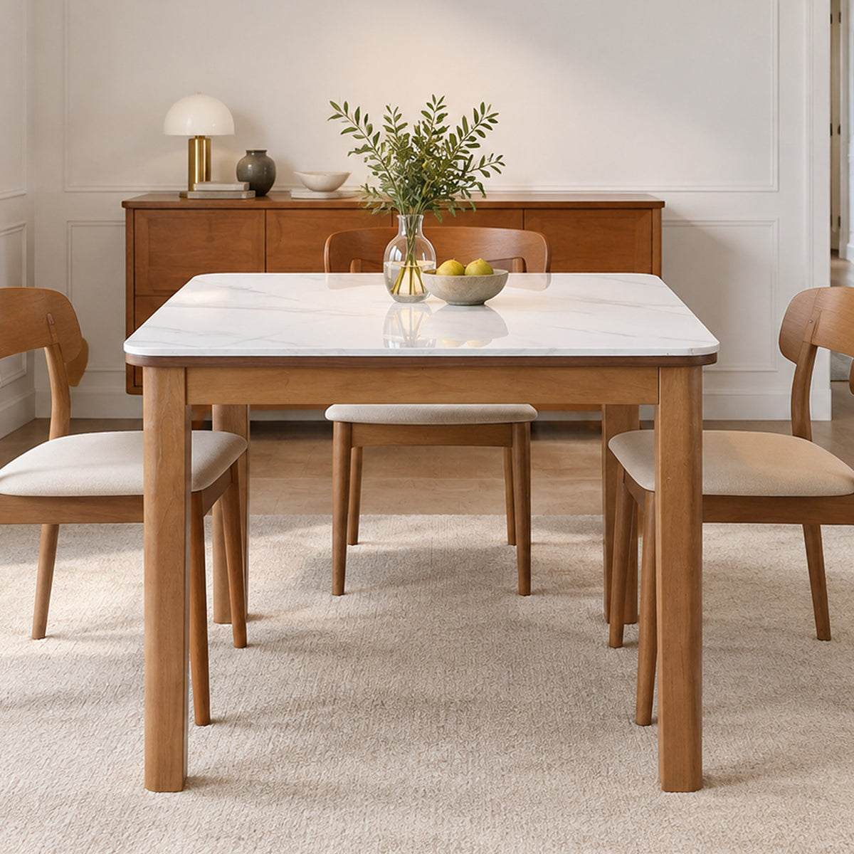 35.4" Square Sintered Stone Dining Table with Rubberwood Legs for 2-4 People
