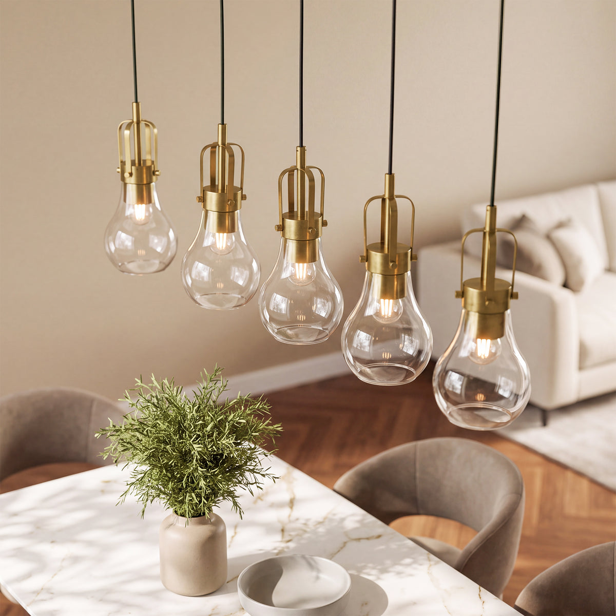 Modern Gold Pendant Light, Industrial Metal Cage Hanging Light with Clear Glass Shade