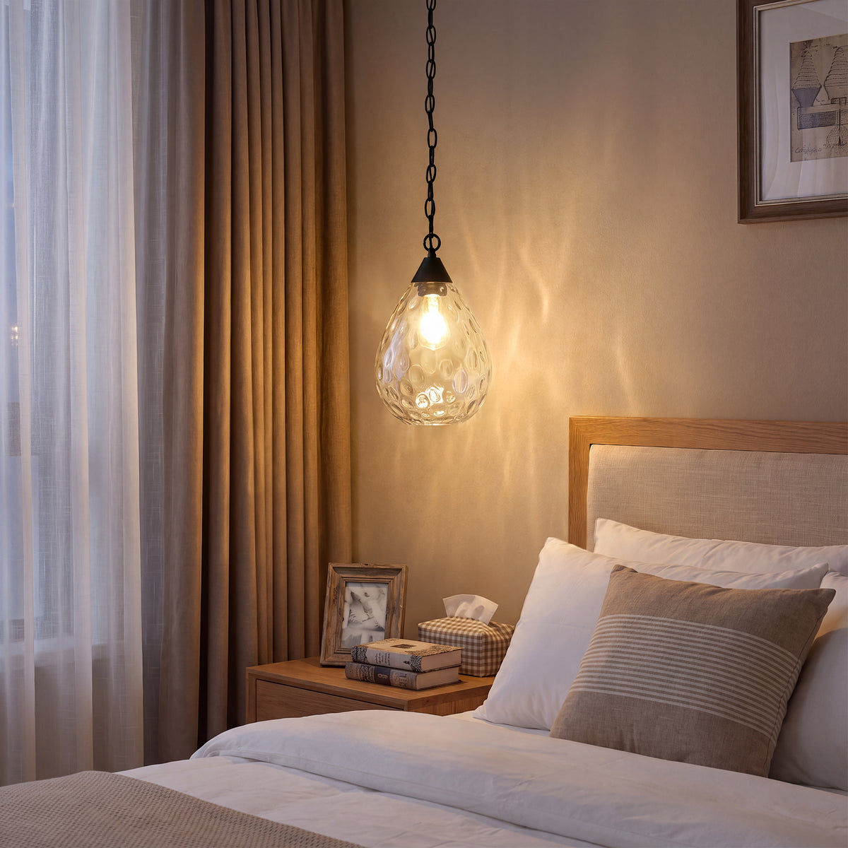 Hammered Glass Pendant Light, Modern Black Hanging Light with 60" Chain