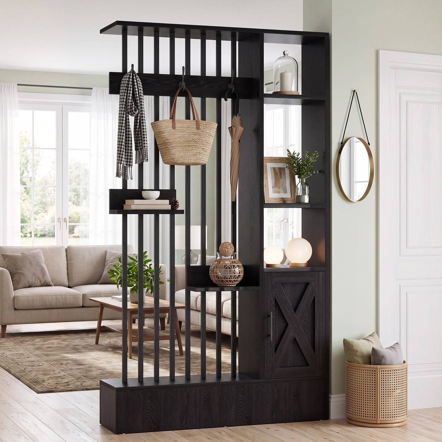 71" Wall Room Divider with Shelves, Freestanding Wall Partition with Storage Cabinet & Coat Hooks