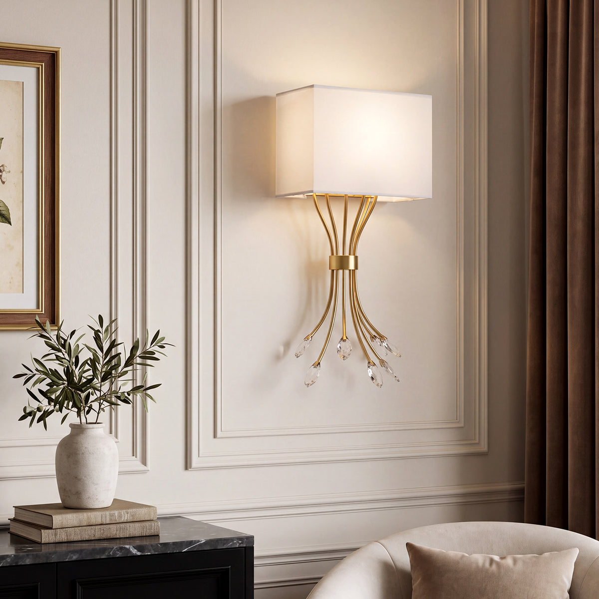 19.96" Gold Wall Sconce, Double Layer Fabric Wall Light with Crystal