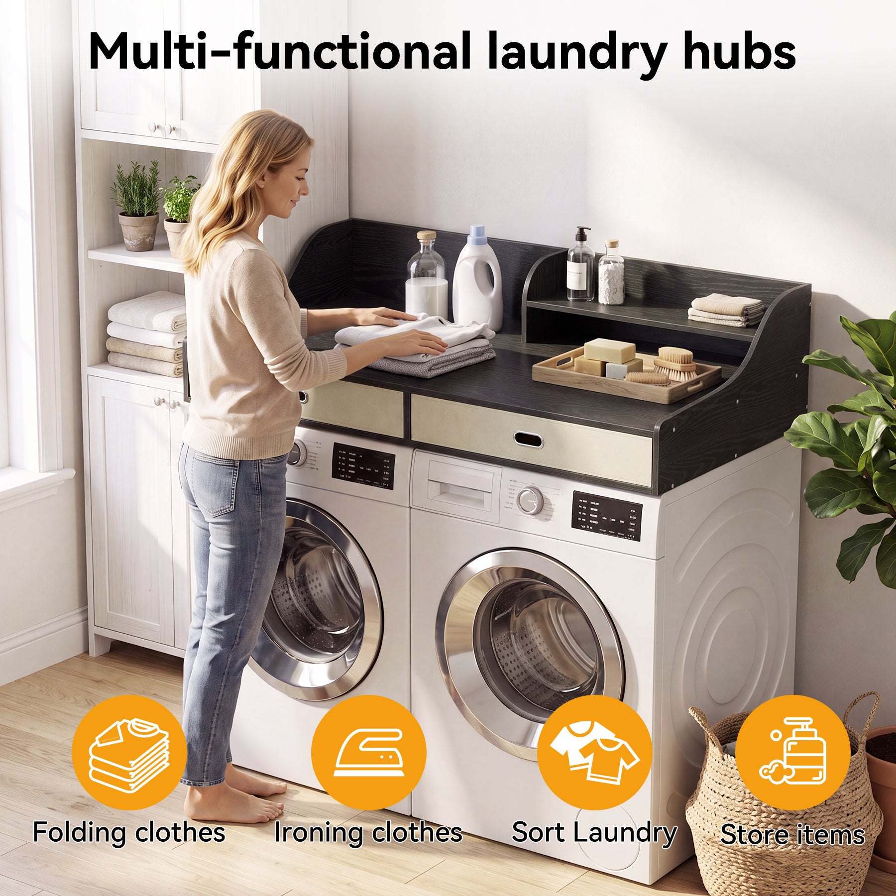 54" Washer Dryer Countertop with Drawers, 3-Tier Laundry Room Organizer, Waterproof Wood Topper