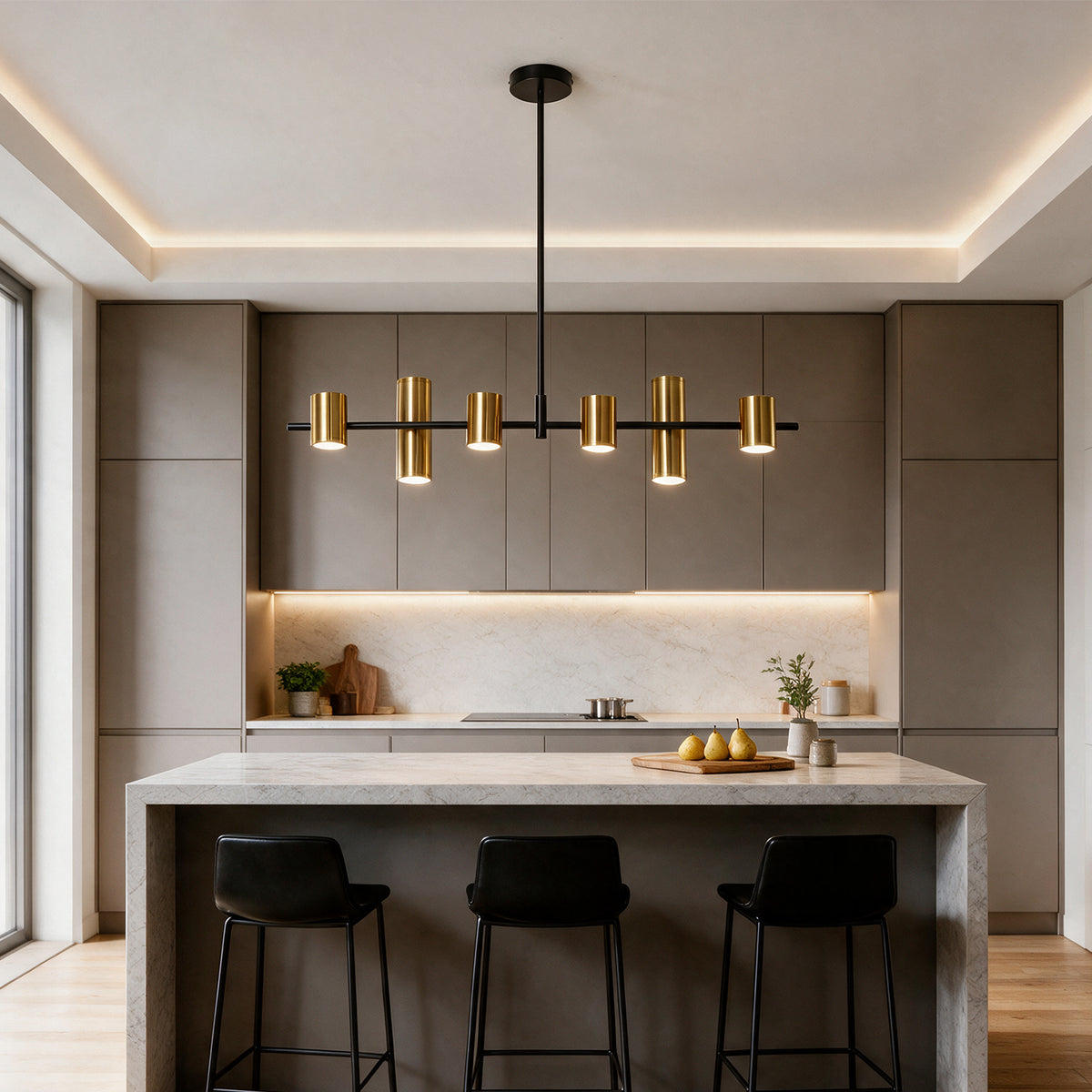 Tribesigns 6-Light Modern Black Gold Linear Chandelier, LED Pendant Light