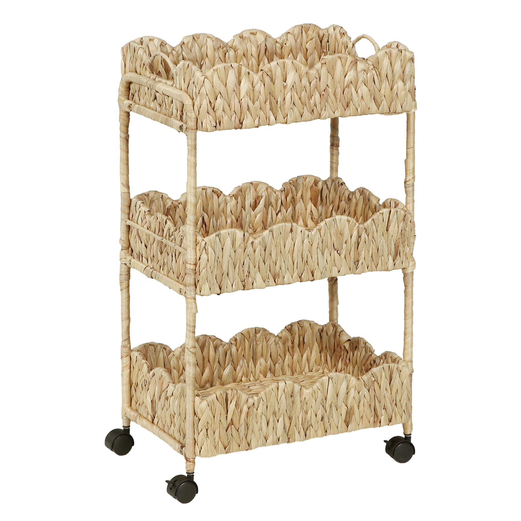 3-Tier Water Hyacinth Rolling Cart with Wheels, Metal Frame Utility Cart, Bathroom Kitchen Nursery