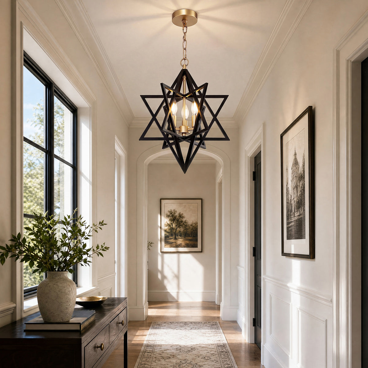 3-Light 15.75" Geometric Chandelier, Black and Gold Farmhouse Pendant Light