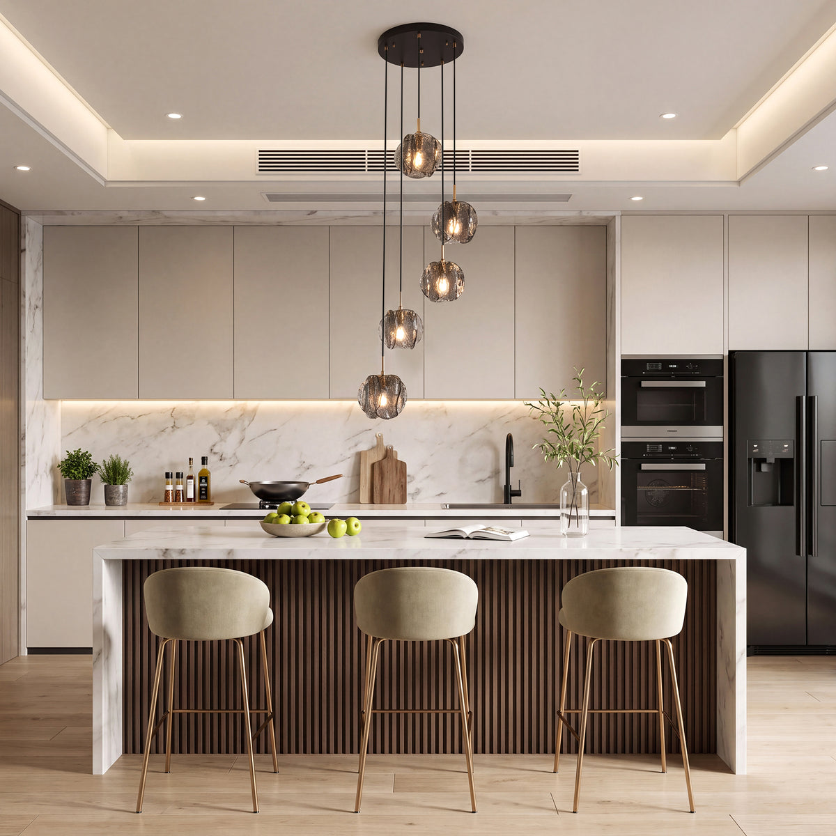5-Light Modern Pendant Light with Textured Smoky Gray Glass Shades