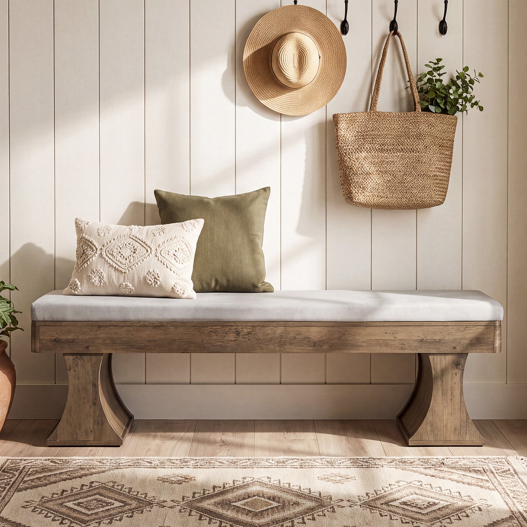 63.39" Entryway Bench with Cushion, Farmhouse Dining Bench for Hallway, Kitchen