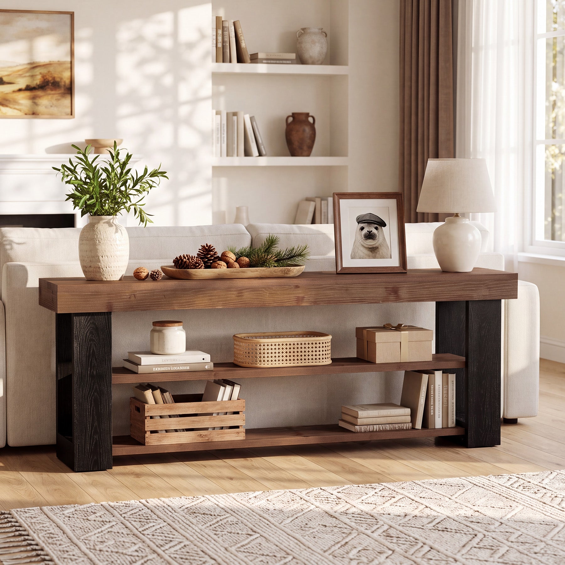 63" Console Table with 3-Tier Storage Shelves, Solid Wood Slim Entryway Sofa Table