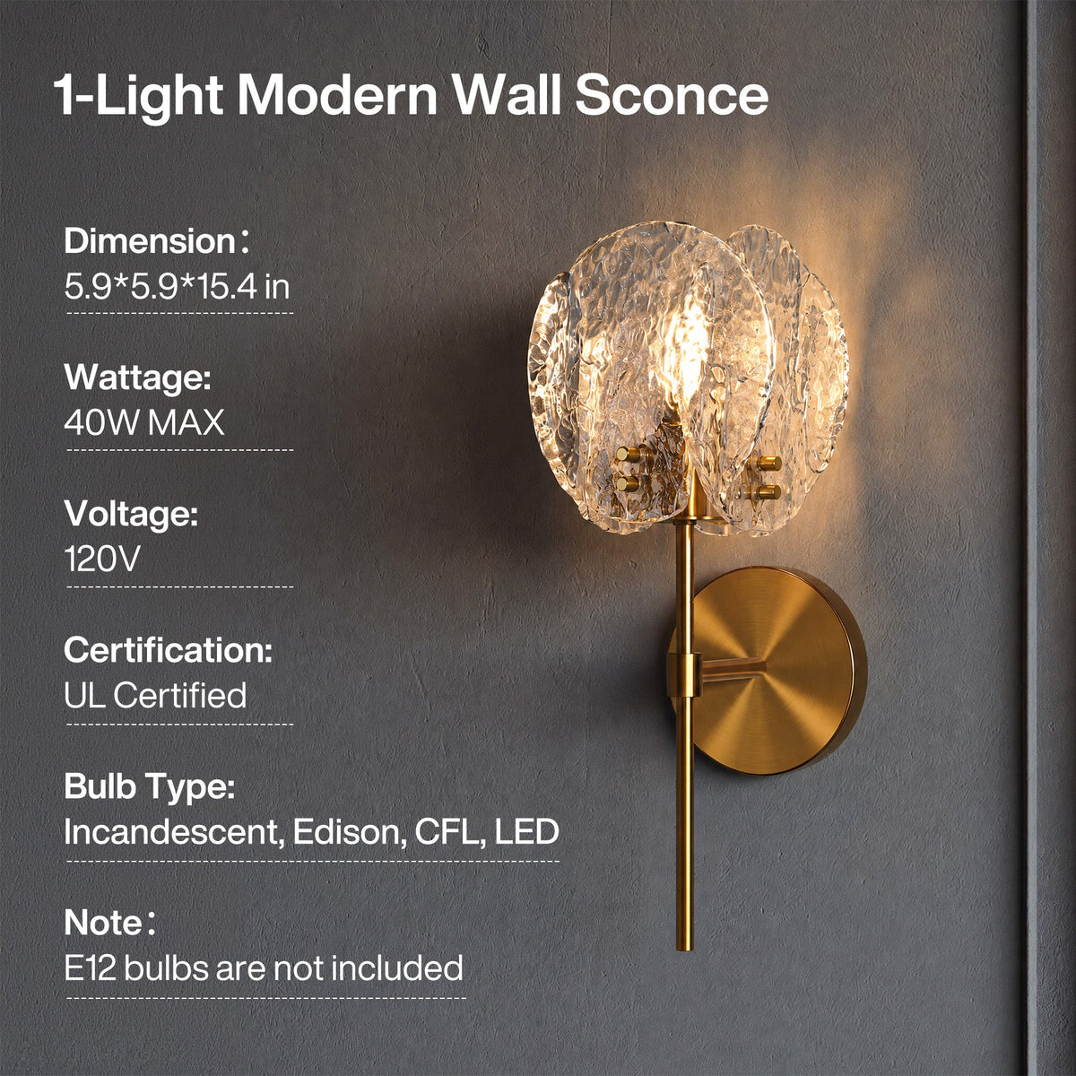 Tribesigns 15" Modern Wall Sconce, Bathroom Wall Light Fixture with Textured Clear Glass Shade
