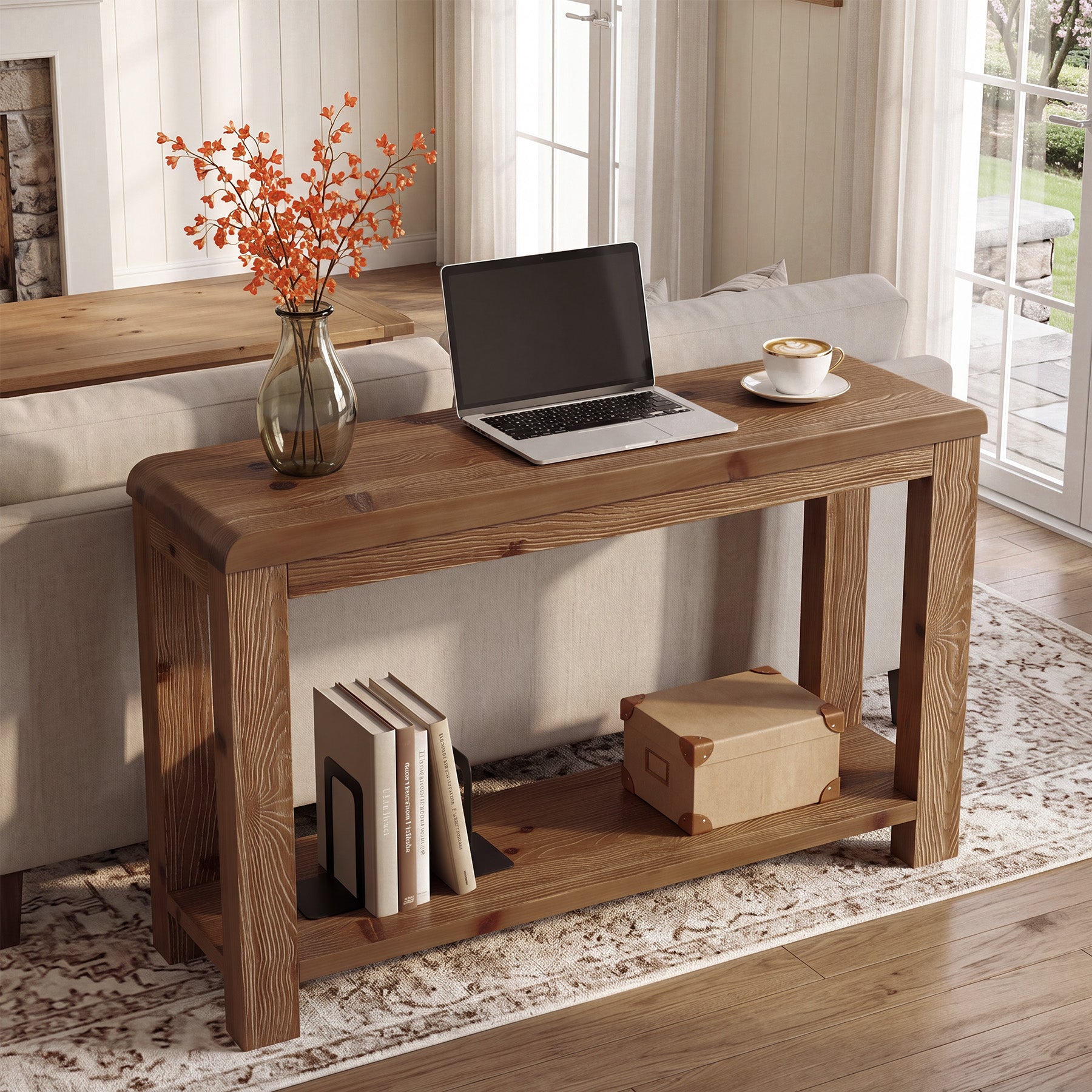 41.3" Solid Wood Console Table with 2-Tier Shelves, Farmhouse Entryway Sofa Table for Hallway