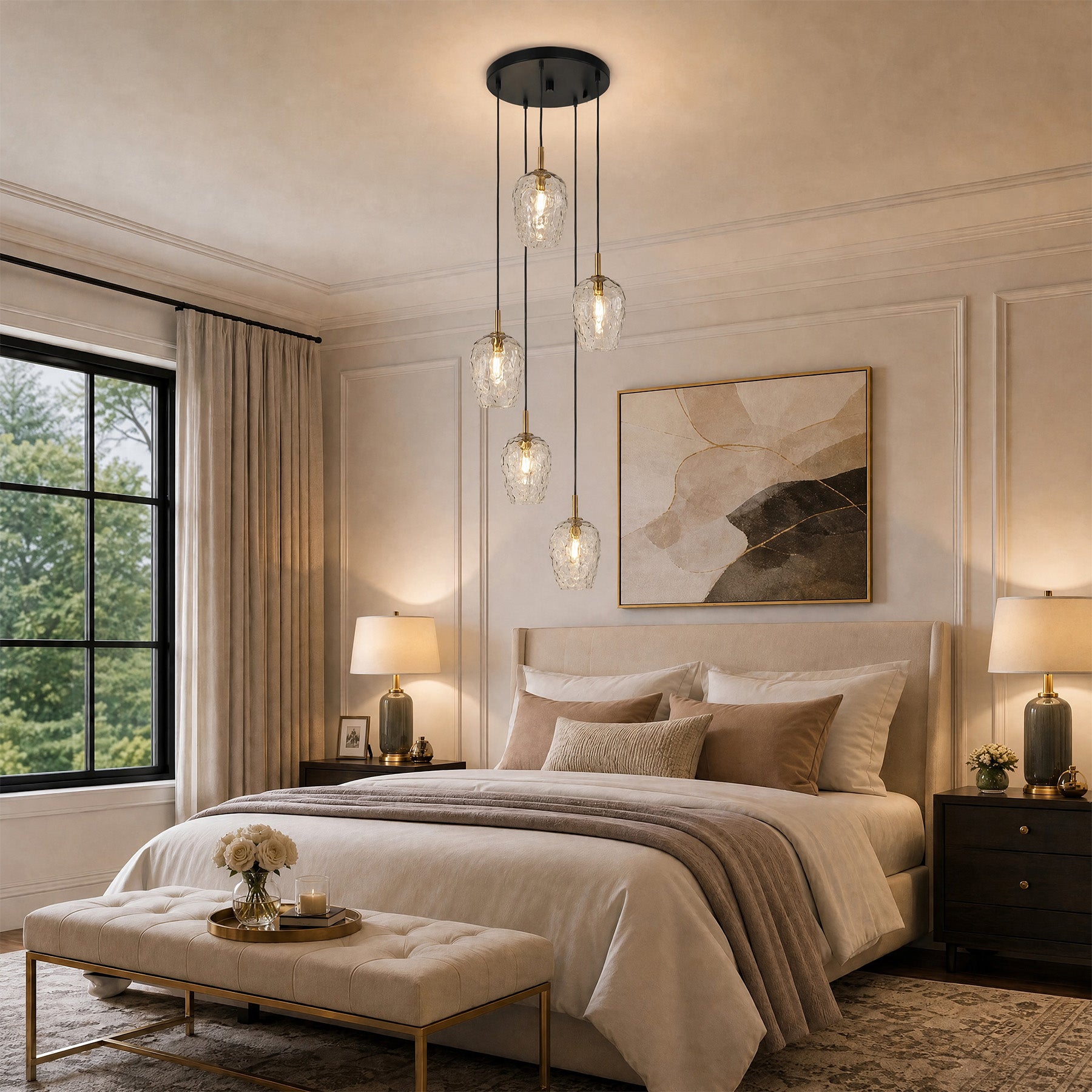 5-Light Hammered Glass Pendant Light, Modern Light Fixtures with Adjustable 60" Cord