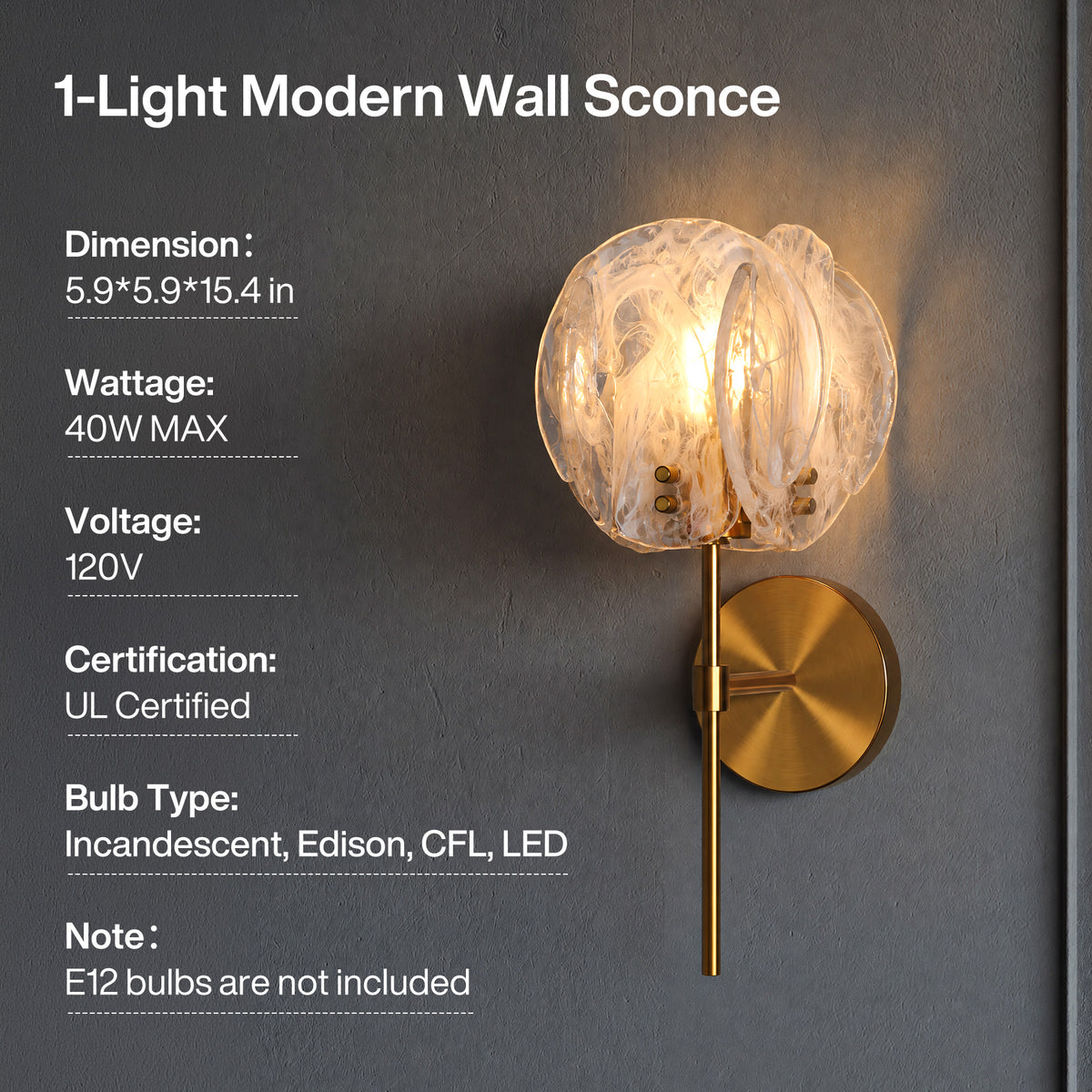 Tribesigns 15" Modern Wall Sconce, Bathroom Wall Light Fixture with White Marbleized Glass Shade, UL Listed, for Bedroom, Living Room, Hallway