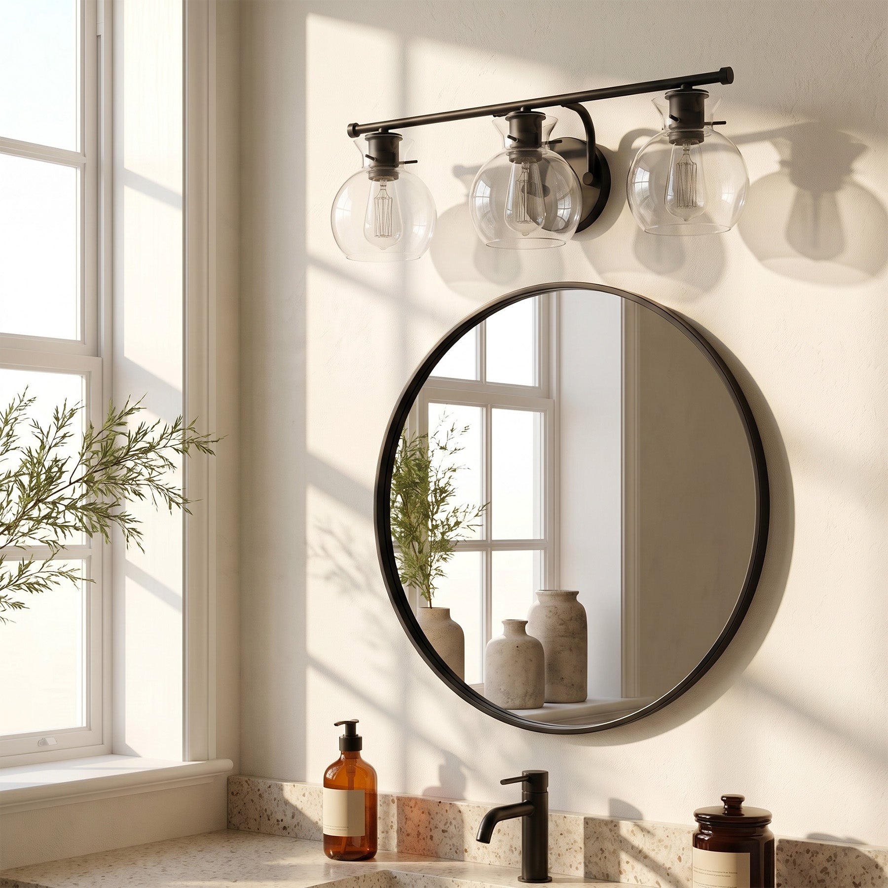 3-Light Bathroom Vanity Light, Modern Wall Light Fixture with Clear Glass Shades