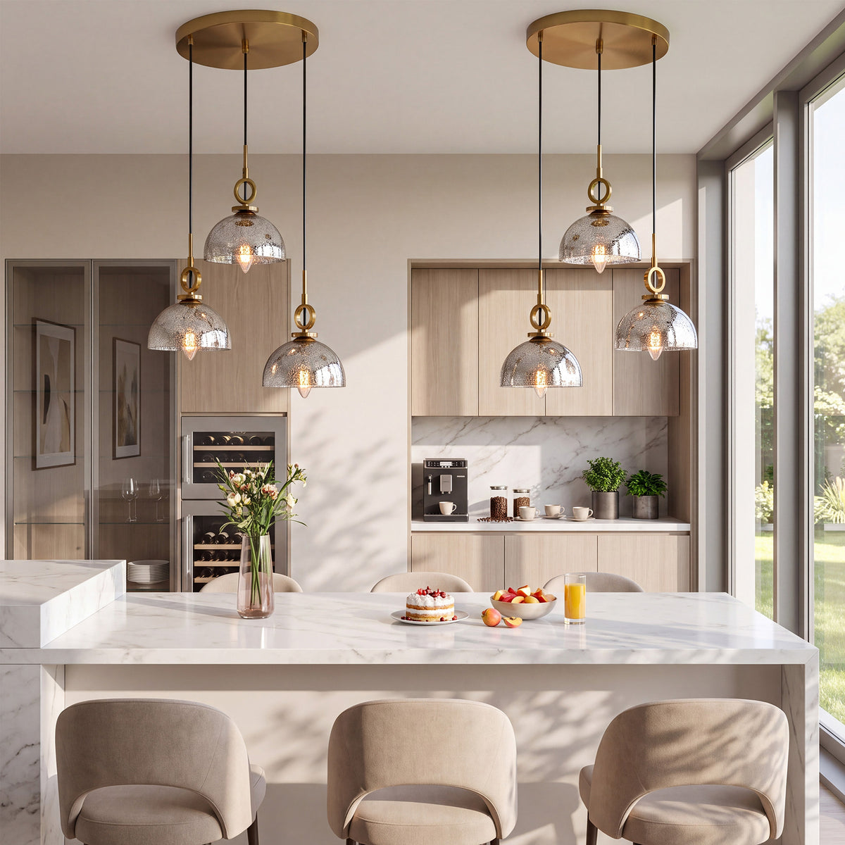 3-Light Modern Gold Dome Pendant Light, Crackle Glass Shade