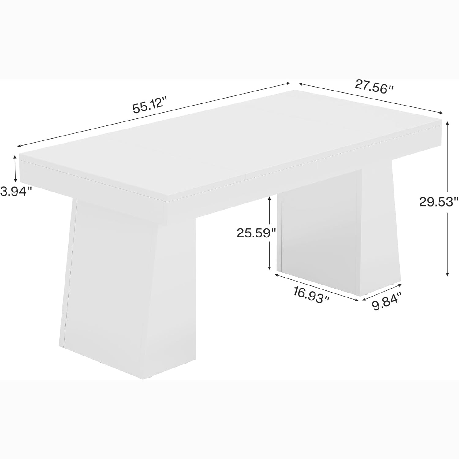 55 Inch Farmhouse Double Pedestal Dining Table, Rectangular Table for 4-6 in Small Spaces
