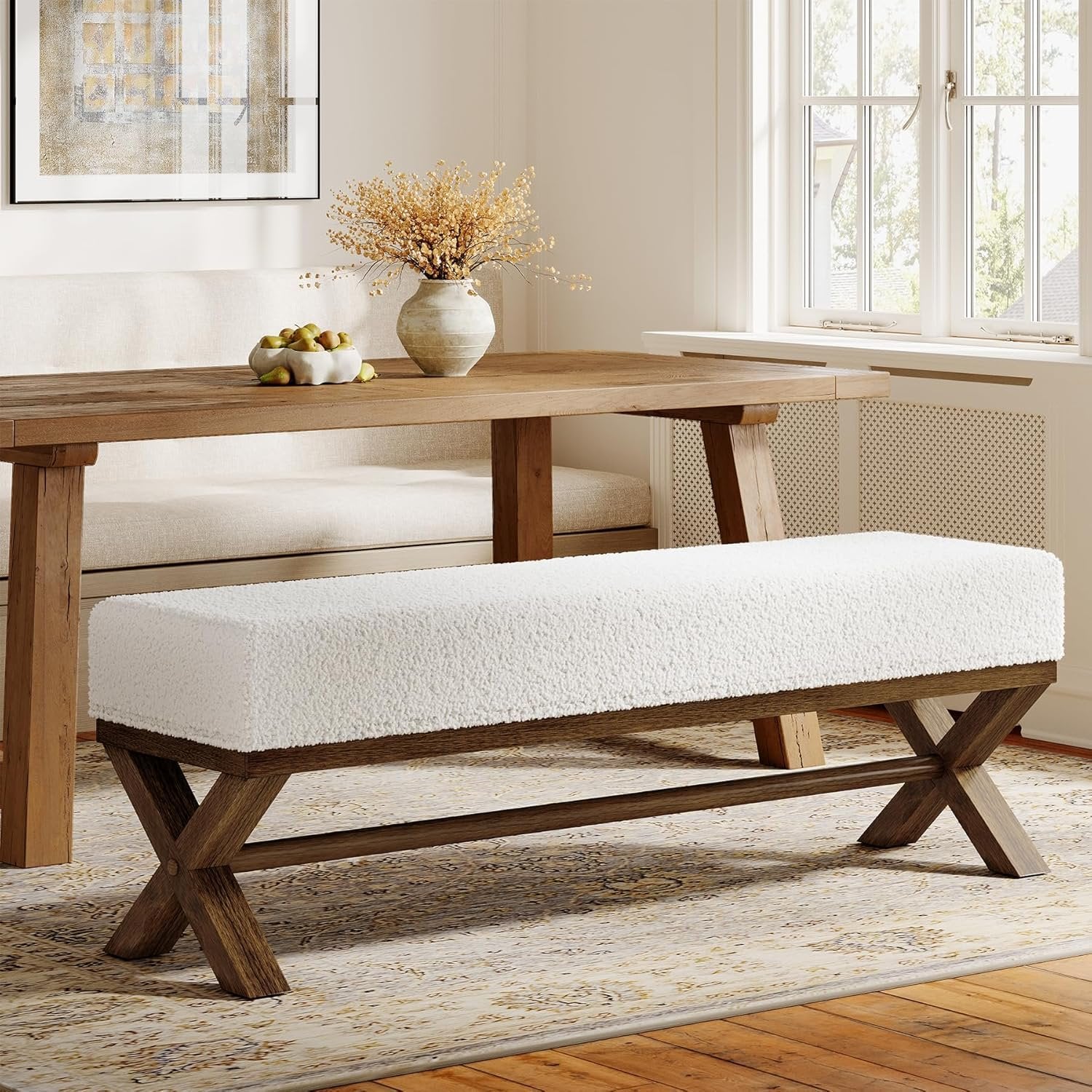 51" Modern Dining Bench, Solid Wood Kitchen Stool with Faux Shearling Padded Seat