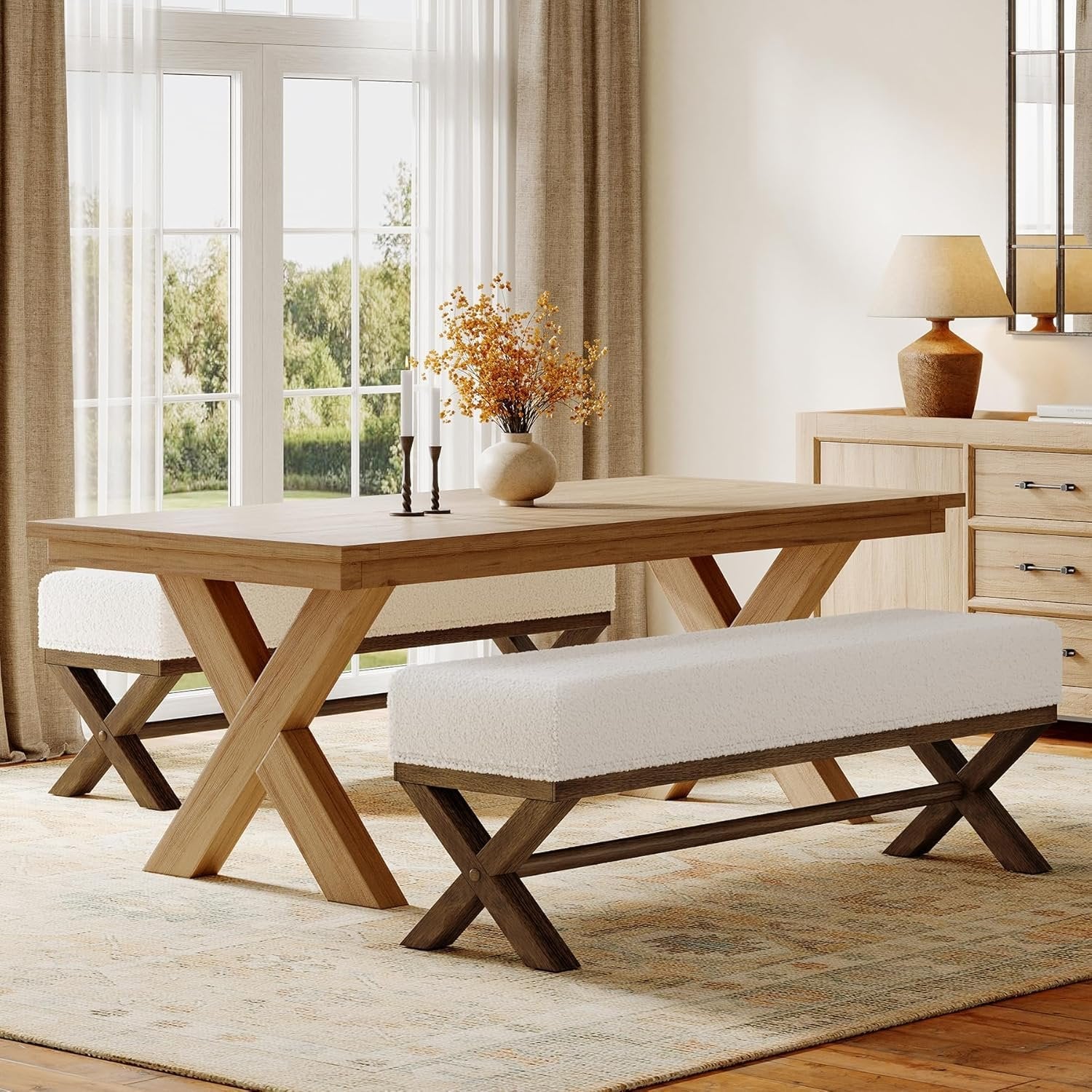 51" Modern Dining Bench, Solid Wood Kitchen Stool with Faux Shearling Padded Seat