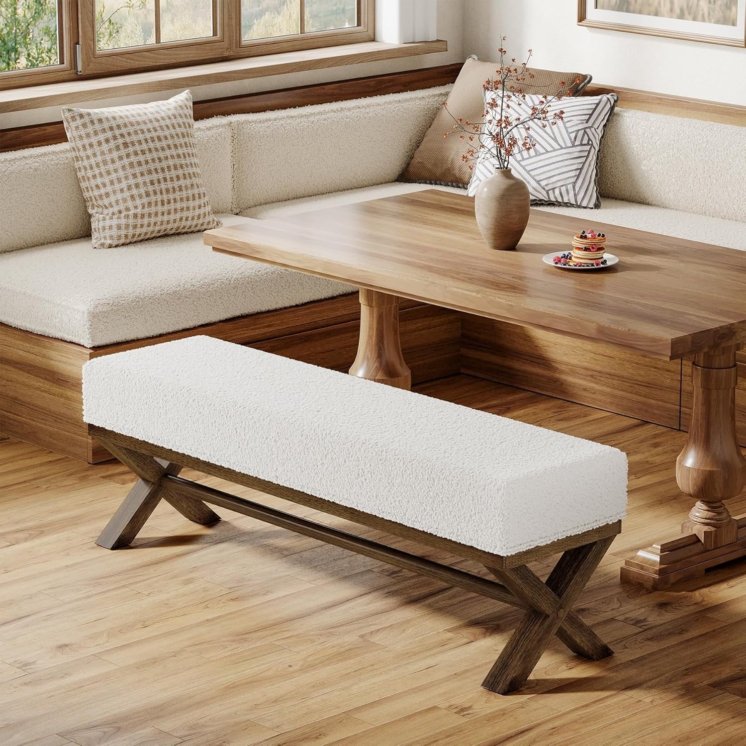 51" Modern Dining Bench, Solid Wood Kitchen Stool with Faux Shearling Padded Seat