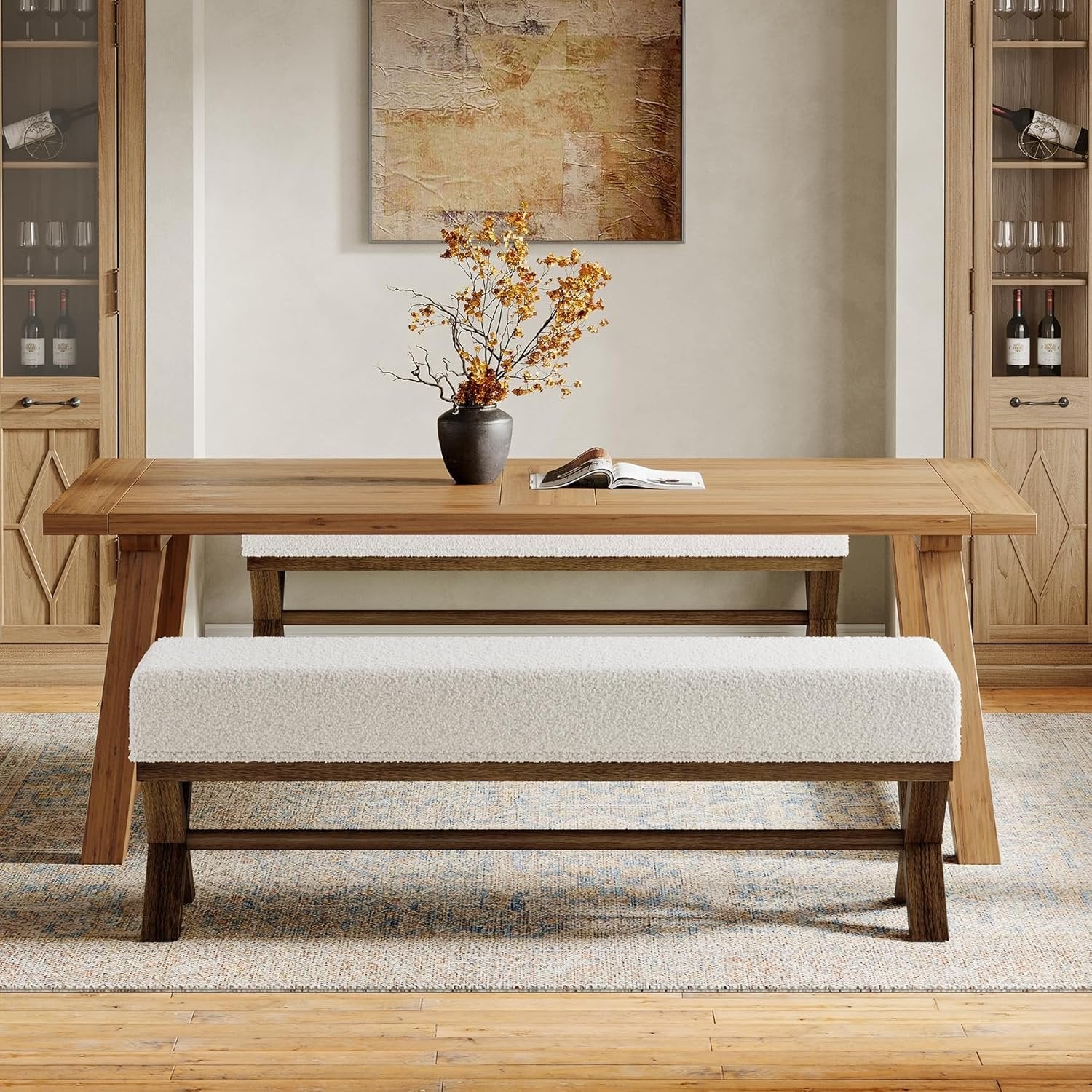 51" Modern Dining Bench, Solid Wood Kitchen Stool with Faux Shearling Padded Seat