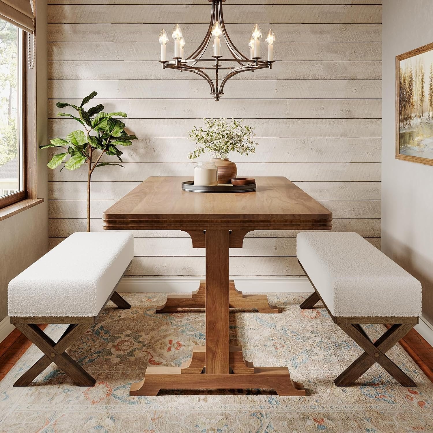 51" Modern Dining Bench, Solid Wood Kitchen Stool with Faux Shearling Padded Seat