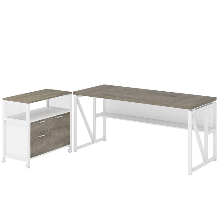 55" / 63" L - Shaped Executive Desk with Storage Shelves and Mobile File Cabinet Tribesigns