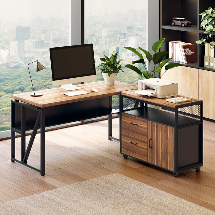 55" / 63" L-Shaped Executive Desk with Storage Shelves and Mobile File Cabinet Tribesigns