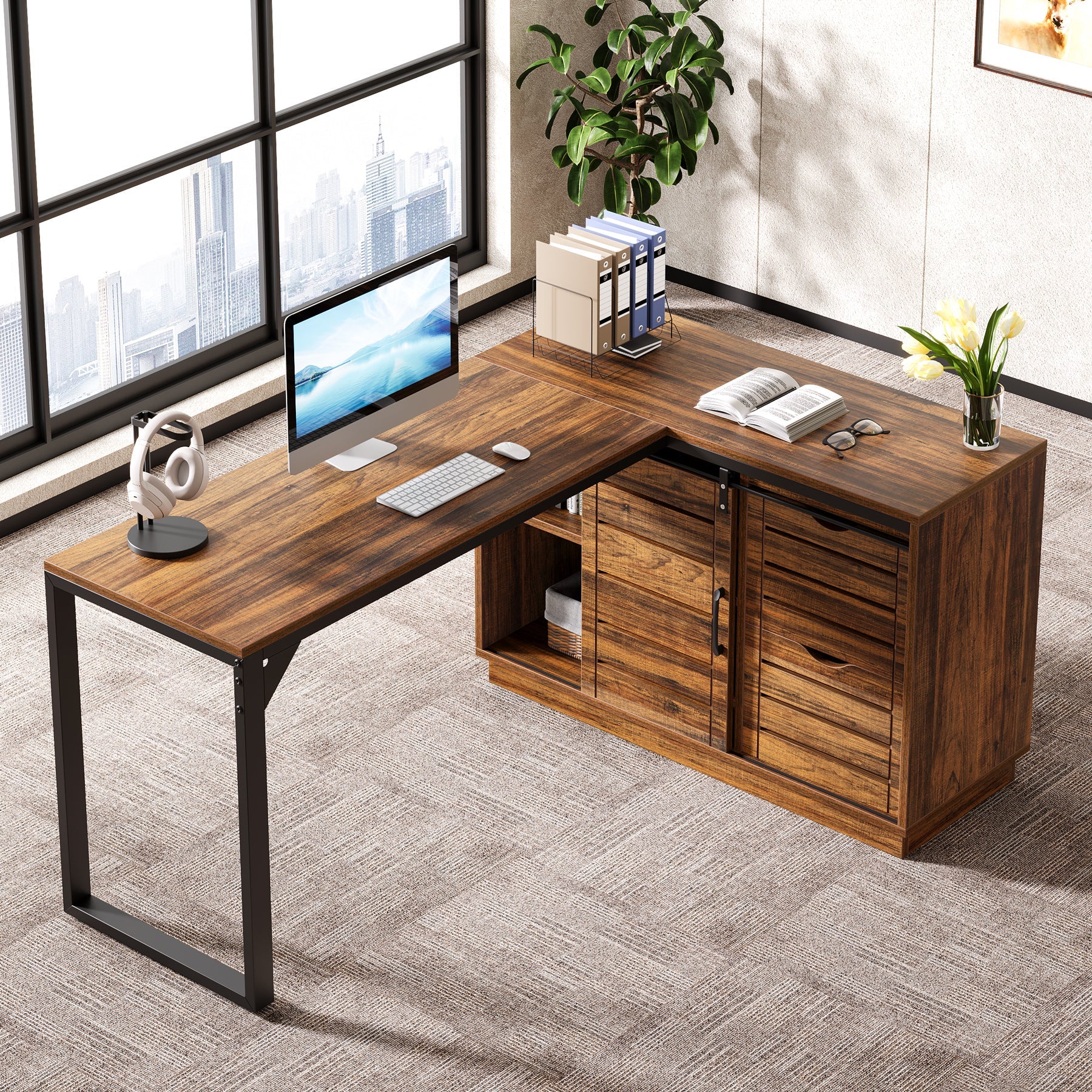 L-Shaped Home Office Wood Corner cheapest Computer Desk Work Table, Rustic Brown,Hot Desk