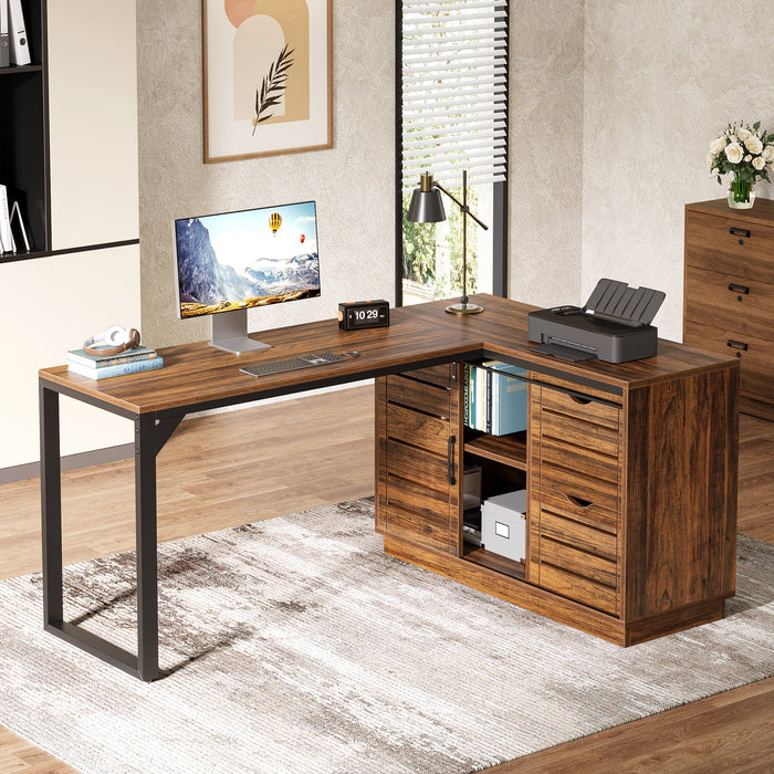 55" Computer Desk, L - Shaped Corner Desk Office Desk with File Drawers Tribesigns