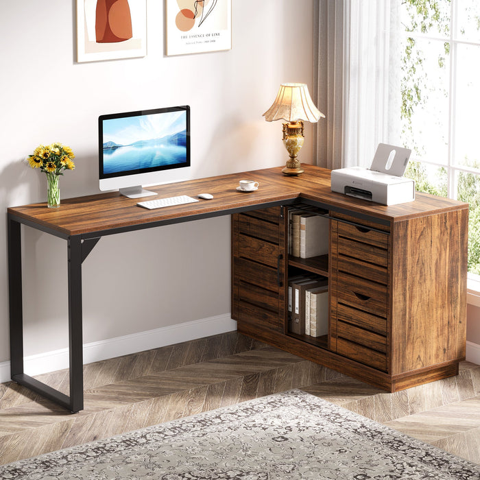 55" Computer Desk, L - Shaped Corner Desk Office Desk with File Drawers Tribesigns