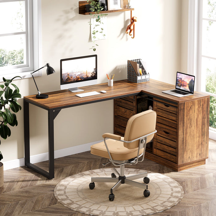 55" Computer Desk, L - Shaped Corner Desk Office Desk with File Drawers Tribesigns