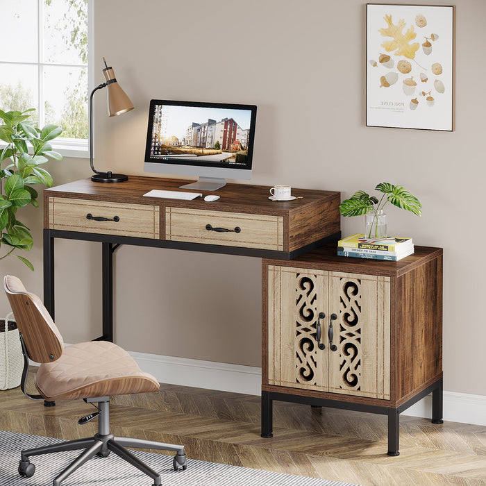 55" Computer Desk with Drawers, Reversible Office Desk with Storage Cabinet Tribesigns