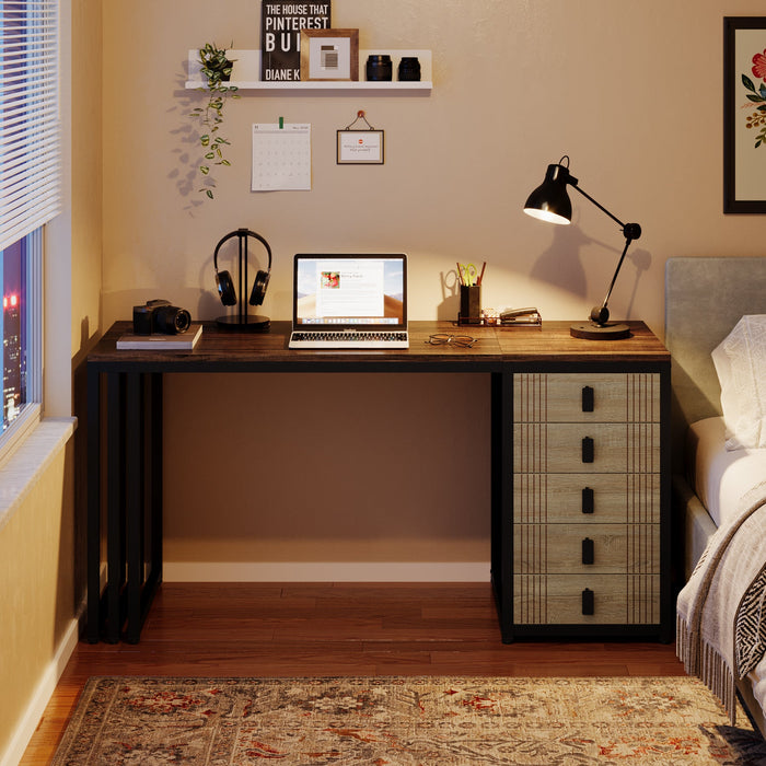 55" Computer Desk, Wood Office Desk with Reversible Drawer Tribesigns