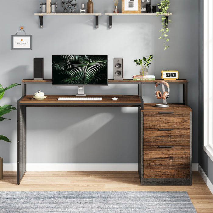 55" Computer Desk, Wood Office Desk with Reversible File Cabinet Drawer Tribesigns