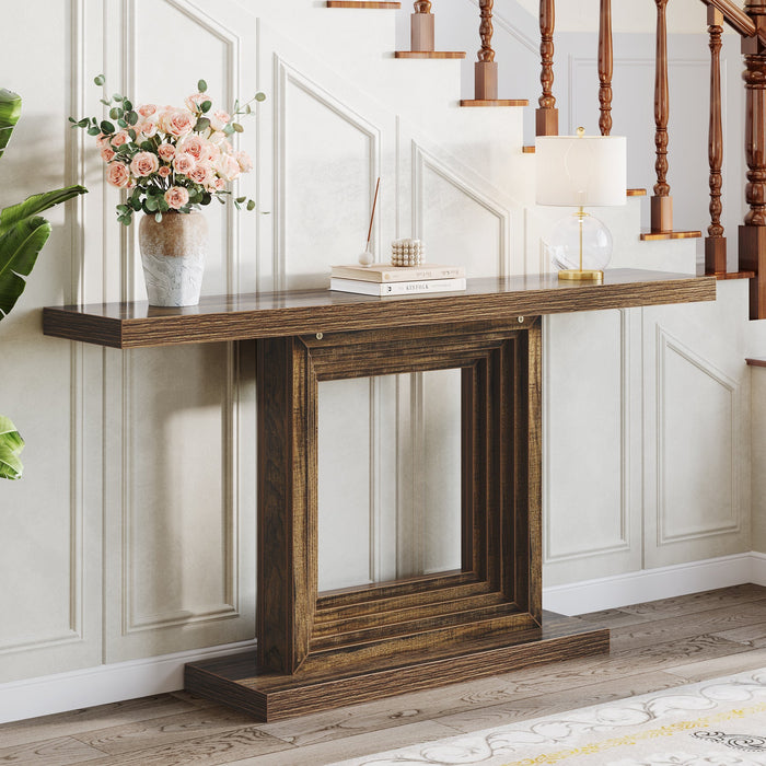 55" Console Table, Wood Sofa Table Foyer Table with Unique Square Cutout Base Tribesigns