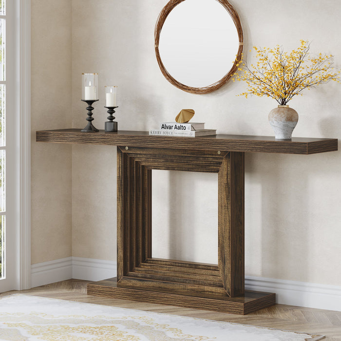 55" Console Table, Wood Sofa Table Foyer Table with Unique Square Cutout Base Tribesigns