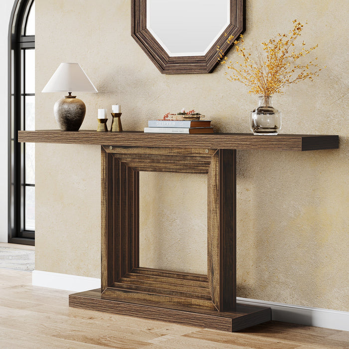 55" Console Table, Wood Sofa Table Foyer Table with Unique Square Cutout Base Tribesigns