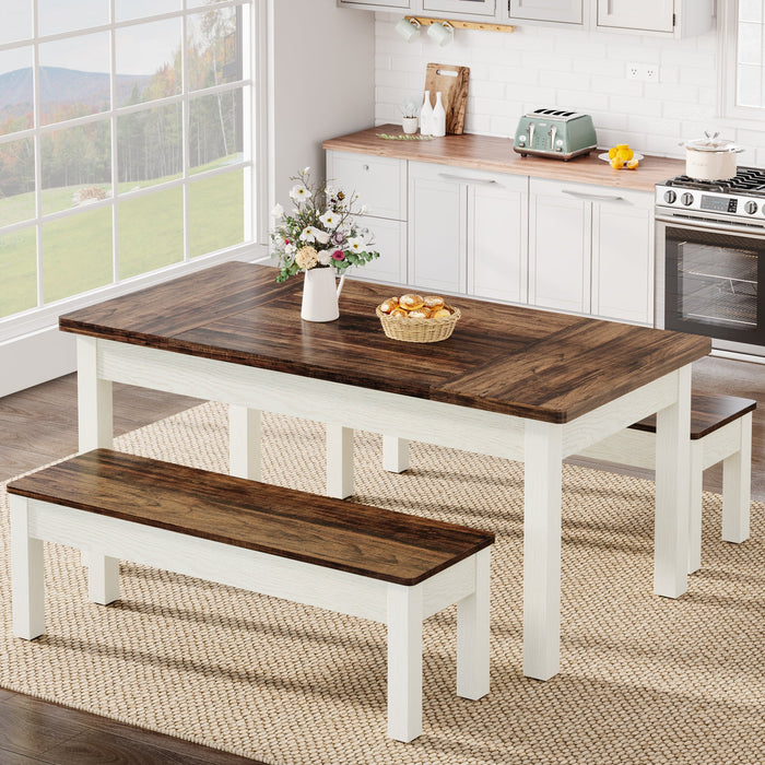 55" Dining Table Set, 3 Pieces Wood Kitchen Table with 2 Benches Tribesigns