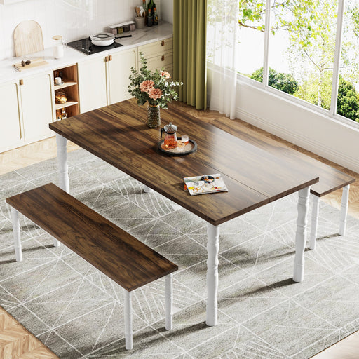 55" Dining Table Set, Wood Kitchen Table With 2 Benches Tribesigns