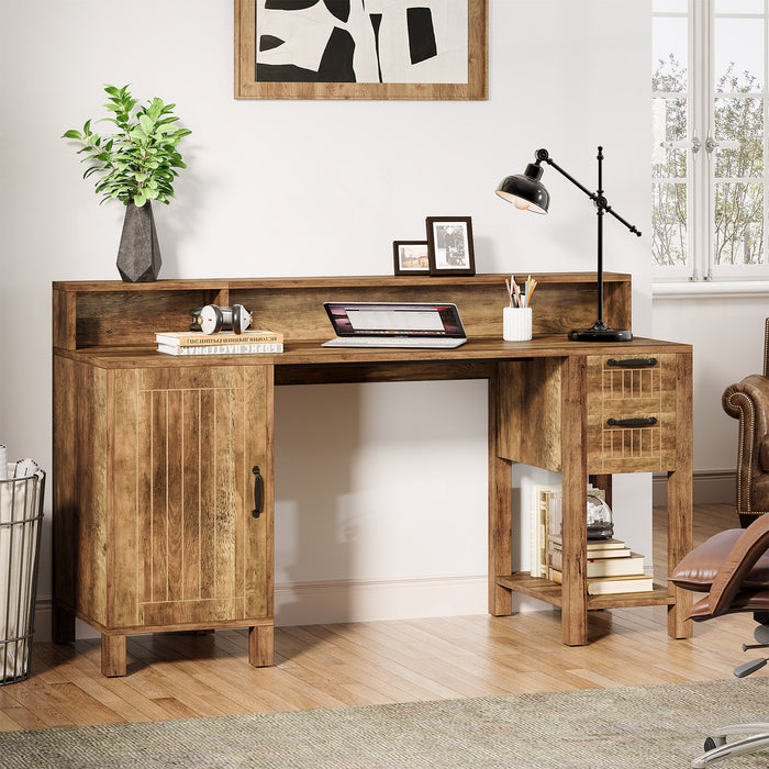 55" Executive Desk, Farmhouse Computer Desk with Hutch and Cabinet Tribesigns