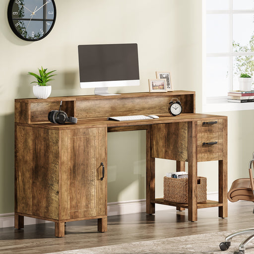 55" Executive Desk, Farmhouse Computer Desk with Hutch and Cabinet Tribesigns